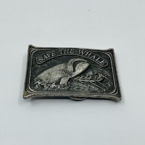 Vintage 70s Bergamot Brass Works Save the Whale Belt Buckle Engraved Pewter
